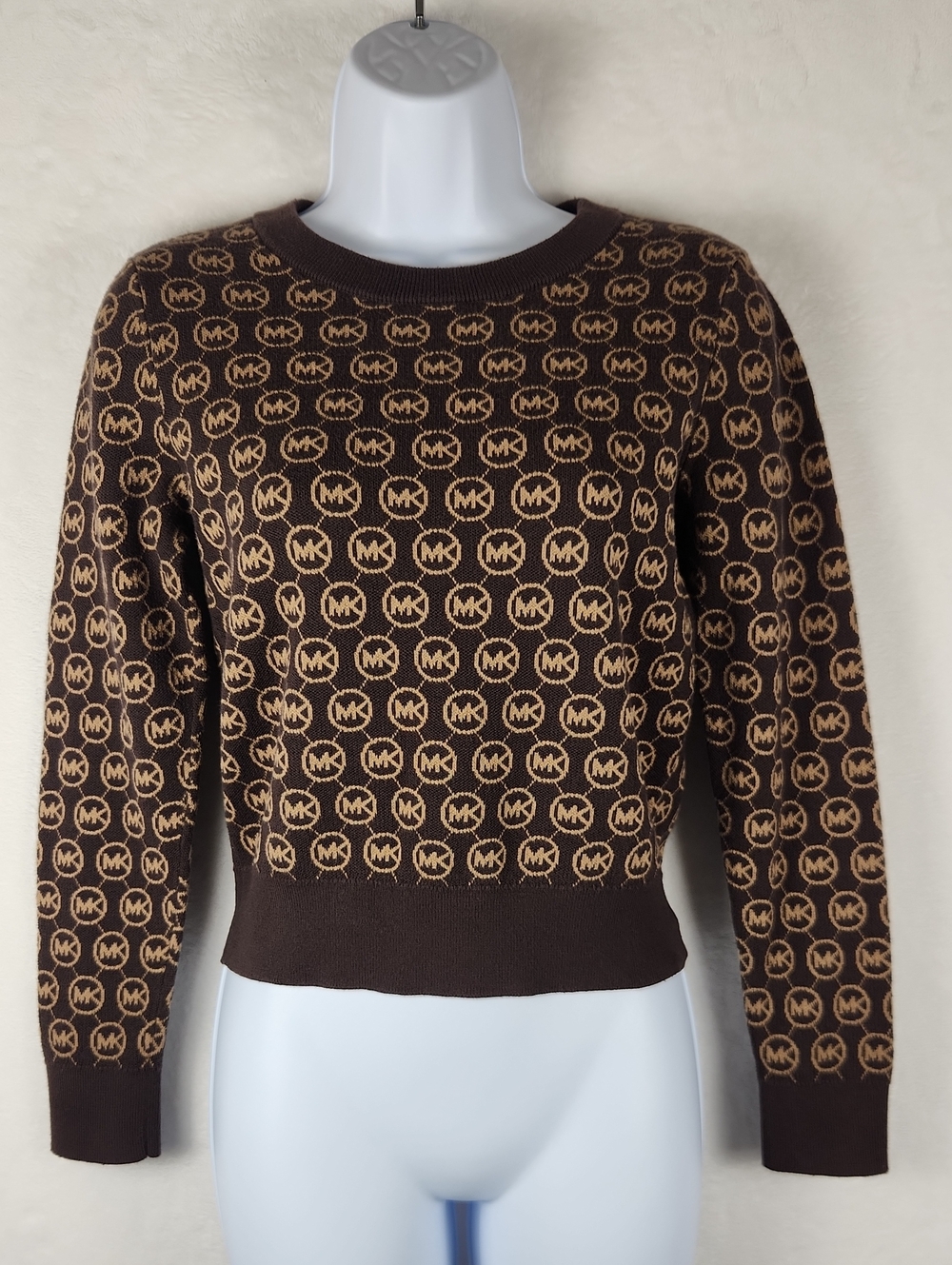 MICHAEL Michael Kors Brown & Tan "MK" logo pattern Crewneck Sweater Size Small